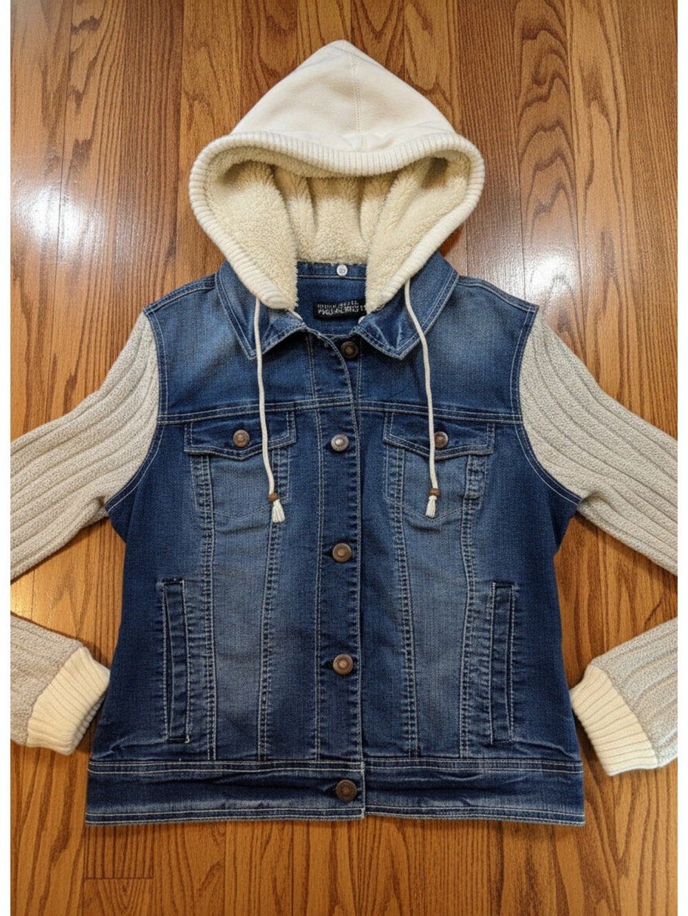 Denim Deluxe Wallflower Hooded Jean Jacket, Size Large
